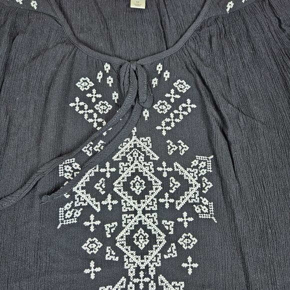 Dressbarn Embroidered Blouse Gauze Tunic 3/4 Sleeve Boho Lagenlook Crinkle Tie M - Picture 5 of 15